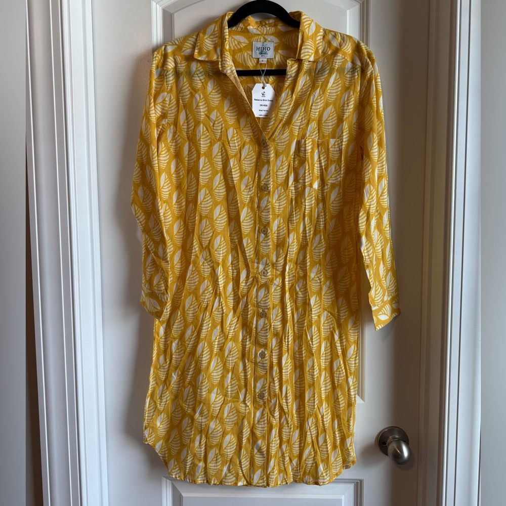 Linen Blend Yellow Leaf-Print Button-Front Cover-Up by